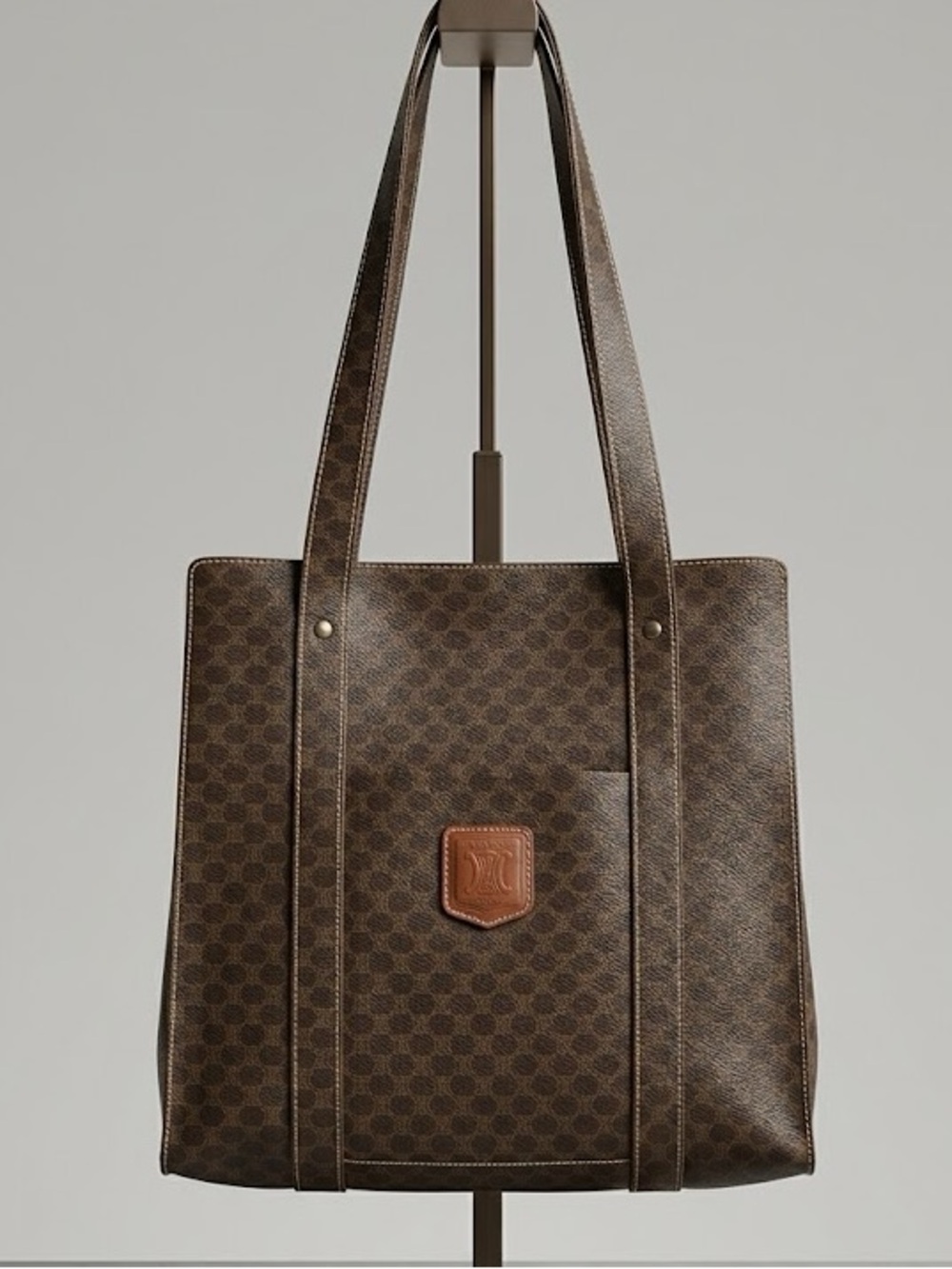 Celine Vintage Macadam Canvas Shopper Tote Bag Triomphe Leather